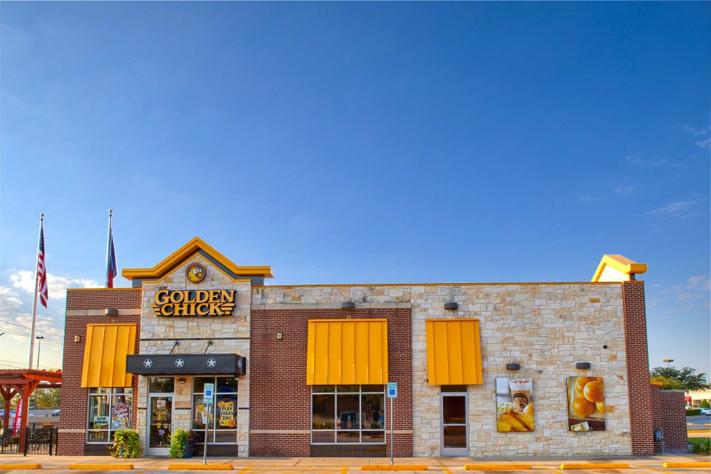 Outside of a Golden Chick Restaurant